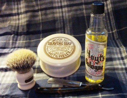 Simpson Super Badger Chubby 1, Mitchells's Wool Fat Shaving Soap, Timore Special razor and Hoyt's Cologne 